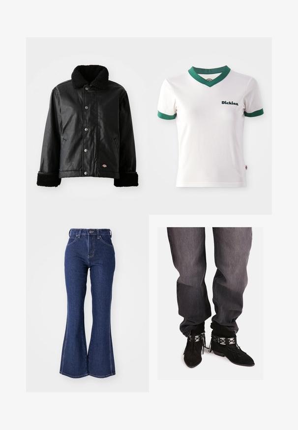 Schwarze Lederjacke mit einem Lammfellkragen, Druckknopfverschluss, Seitentaschen und weich strukturierten Bündchen. Mit Markenlogo-Patch.; Weißes T-Shirt mit kurzen Ärmeln, grünem V-Ausschnitt und grünen Ärmelbesätzen; mit dem dunkelgrünen "Dickies"-Logo auf der linken Brust. Glatte Baumwolltextur.; Dunkelblaue Schlagjeans aus Denim, mit hoher Taille, Knopfverschluss vorne und kontrastierenden weißen Nähten entlang der Nähte.; Schwarze Wildleder-Ankle Boots mit Fransenverzierungen, silbernen dekorativen Akzenten und spitzem Zehenbereich, kombiniert mit lockeren grauen Jeans.
