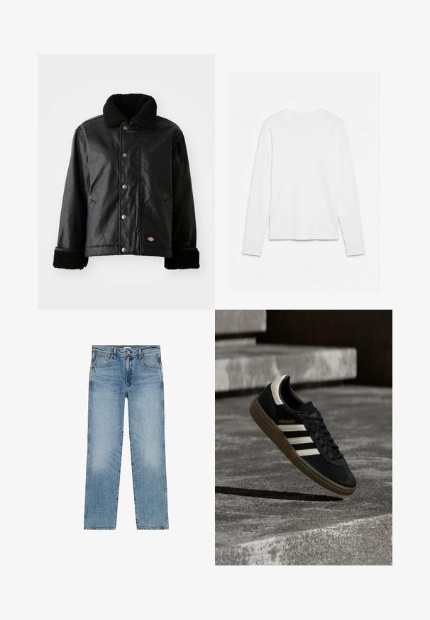 Schwarze Lederjacke mit einem Lammfellkragen, Druckknopfverschluss, Seitentaschen und weich strukturierten Bündchen. Mit Markenlogo-Patch.; Schlichtes weißes Langarm-T-Shirt mit Rundhalsausschnitt, flach auf einer weißen Oberfläche liegend, Vorderseite und gesamte Ärmellänge sichtbar.; Hellblaue Jeans aus Denim mit geradem Bein, fünf Taschen, Knopfleiste und dezentem Ausbleichen auf der Vorderseite.; Schwarzer Adidas-Sneaker mit weißen Streifen und Gummisohle schwebt über grauen Betonstufen im natürlichen Licht.