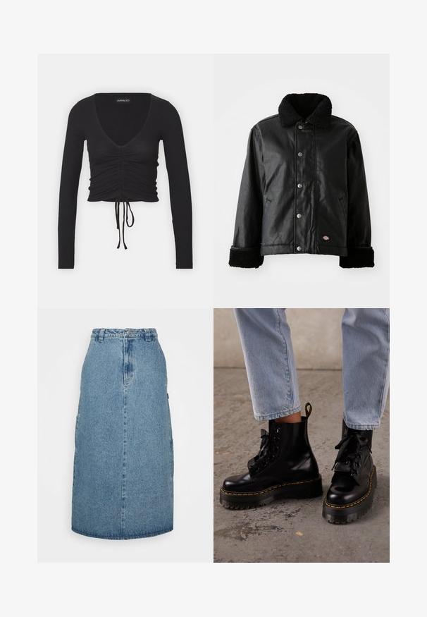 Chaqueta de cuero negra con cuello de borreguillo, cierre de botones a presión, bolsillos laterales y puños de textura suave. Presenta un parche con el logo de la marca.; Top corto de manga larga negro acanalado con un profundo escote en V, detalles fruncidos en la parte delantera y lazo ajustable en el dobladillo.; Obey Clothing JUNIPER MIDI SKIRT - Falda acampanada - stonewash indigo; Persona que lleva puestos vaqueros azul claro y botas negras de cuero con plataforma y cordones, con costuras amarillas sobre un suelo de hormigón.