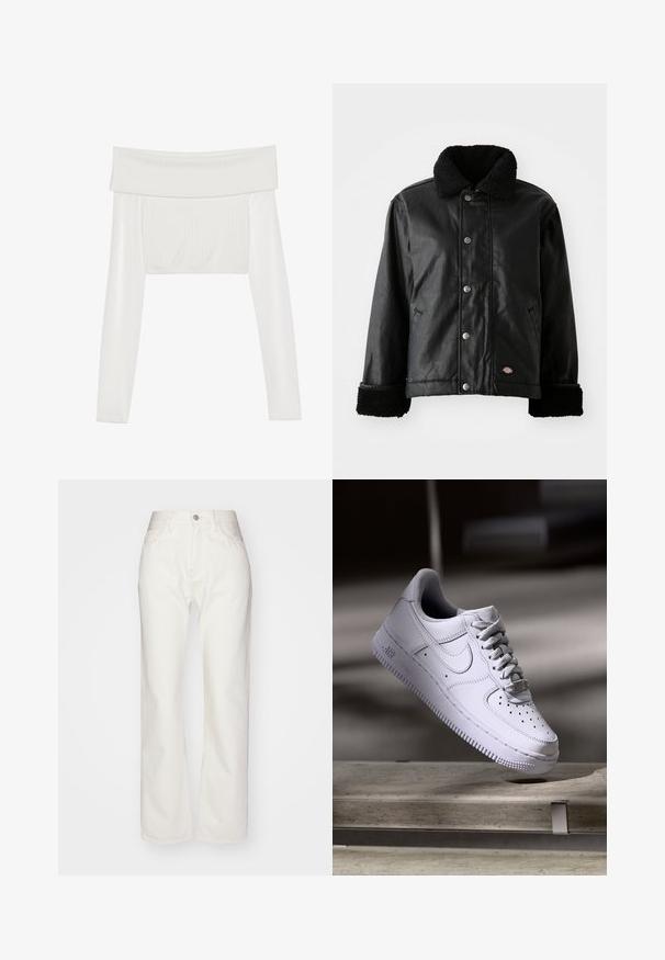 Veste en cuir noir avec col en peau de mouton, fermeture à bouton-pression, poches latérales et poignets en tissu doux. Comprend un patch avec le logo de la marque.; Haut court blanc décolleté avec des manches longues, texture côtelée sur le corps, manches lisses et bande élastique à l'ourlet.; Pantalons en denim blanc avec une taille haute et une coupe évasée. Comprend une fermeture à bouton et à fermeture éclair, des passants de ceinture et des détails de couture subtils.; Baskets Nike Air Force 1 blanches lévitant au-dessus d'une surface en béton avec des ombres dans un cadre minimaliste.