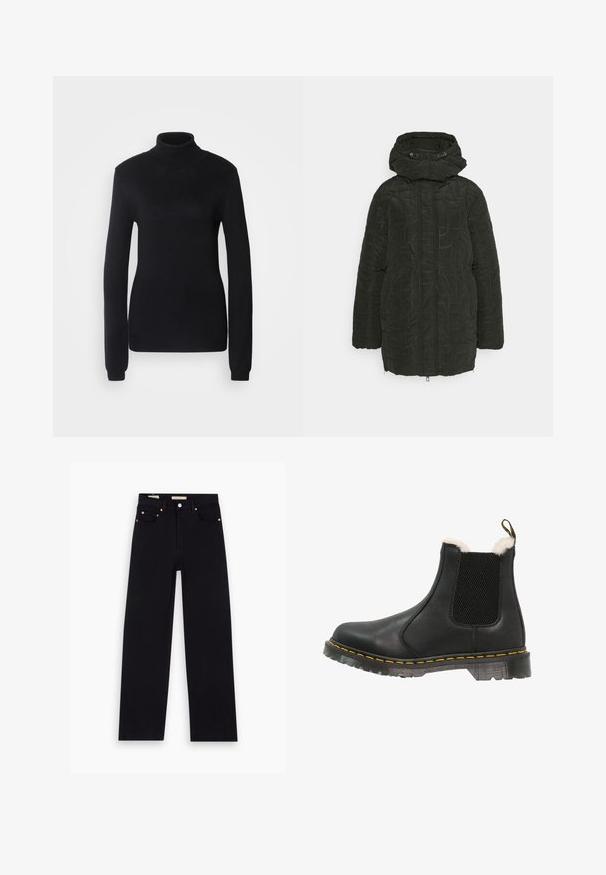 Desigual PADDED TULIP - Overgangsjakke - black; Sort turtleneck sweater lavet af et blødt strikstof, med lange ærmer og en tætsiddende silhuet, der har ribbet krave og kant.; Sorte denim jeans med lige pasform, fem lommer, kobberdetaljer og en glat tekstur. To mærker synlige på taljebåndet.; Sort læder ankelstøvle med strukturerede sidepaneler, blødt hvidt faux pelsfor, gule syninger og en holdbar gummisål.