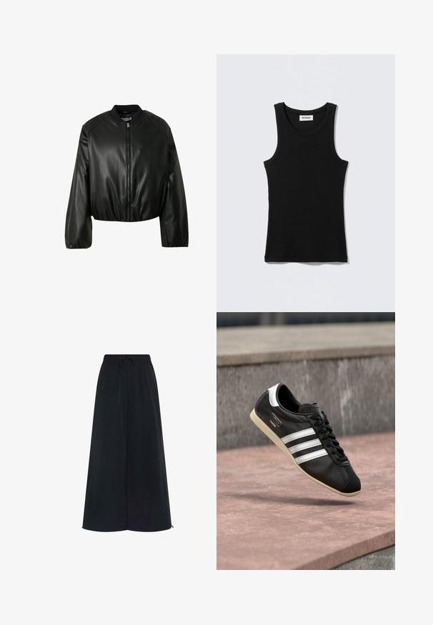 Zwarte cropped bomberjack van glad fauxleer, met een ritssluiting aan de voorkant, geribde kraag en brede mouwen met elastische manchetten.; Zwart katoenen tanktop met een ronde halslijn en smalle bandjes. Eenvoudig ontwerp, zonder patronen of accenten zichtbaar.; Zwarte wijdvallende broek met een elastische tailleband en een verstelbaar trekkoord. Gemaakt van een lichte stof met een gladde textuur. Geen zichtbare patronen.; Zwarte leren sneaker met witte strepen en zool, veters gestrikt, zwevend boven een rozeachtig betonnen oppervlak met een grijze stenen muur op de achtergrond.