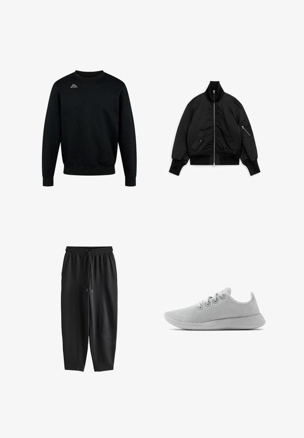 Schwarze Bomberjacke mit gerippten Bündchen, Kragen und Saum, Frontreißverschluss, zwei vorderen Klapptaschen und einer Reißverschlusstasche am linken Ärmel.; Schwarzes Sweatshirt mit Rundhalsausschnitt, langen Ärmeln und kleinem weißen Kappa-Logo auf der oberen linken Brust.; Schwarze, zulaufende Jogginghosen mit elastischem Bund und Kordelzug, mit Nahtdetails auf der Vorderseite und weiter Passform.; Allbirds TREE RUNNER - Sneaker low - light grey light grey sole