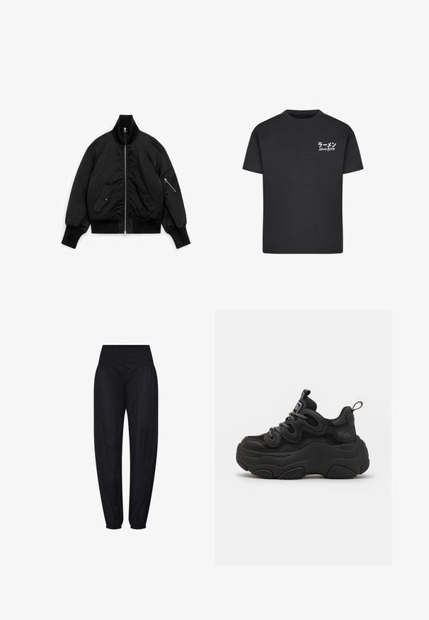Veste bomber noire avec poignets, col et ourlet côtelés, fermeture éclair sur le devant, deux poches à rabat devant et une poche zippée sur la manche gauche.; T-shirt noir en coton avec un col rond. Présente du texte blanc, y compris des caractères japonais et les mots "Slurp Away" sur la zone gauche de la poitrine.; Pantalon noir taille haute avec ceinture smockée et poignets élastiques froncés, coupe ample aux hanches et jambes fuselées.; Baskets noires au design chunky, avec une tige texturée, des panneaux en maille et une semelle en caoutchouc épaisse. Lacets réfléchissants et détails de marque visibles.