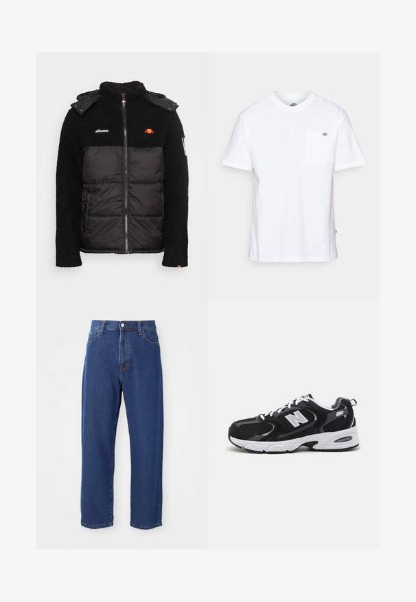 Schwarze Jacke mit einem strukturierten Fleece-Oberteil und einem glatten, isolierten Unterteil. Verfügt über einen Reißverschluss, eine Kapuze und gestickte Logo-Akzente.; Weißes Baumwoll-T-Shirt mit Rundhalsausschnitt, kurzen Ärmeln und einer Brusttasche, die auf der linken Seite ein kleines Markenlogo aufweist.; Hoch taillierte blaue Jeans aus Denim, mit geradem Bein, sichtbaren Nähten und einem Frontknopfverschluss.; Schwarze und graue Sportschuhe mit Obermaterial aus Mesh und Wildleder, ausgestattet mit einer weißen Zwischensohle, Schnürsenkeln und einem markanten "N"-Logo an der Seite.