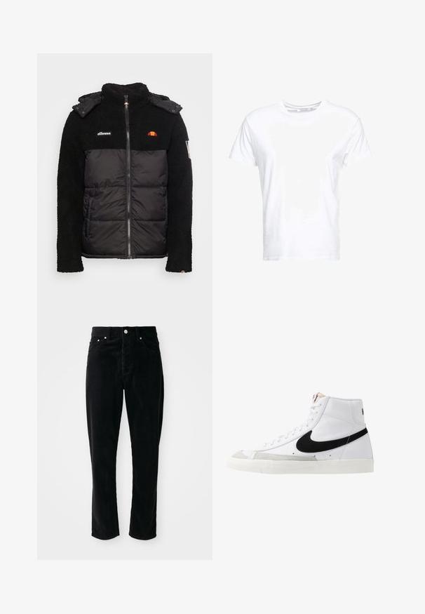 Sort jakke med en struktureret fleece-overdel og en glat, isoleret undersektion. Har lynlås, hætte og broderede logo-detaljer.; Hvid bomulds t-shirt med rund halsudskæring og korte ærmer, i en klassisk pasform og glat tekstur. Ingen mønstre eller hardware synlige.; Sorte fløjlsprede bukser med høj talje, lige ben, fem lommer og sølvhardware, der har et struktureret ribbet mønster over det hele.; Hvide høje sneakers med et sort swoosh, struktureret grå tåhætte og flad hvid sål. Har seks snørrehuller og syede detaljer.
