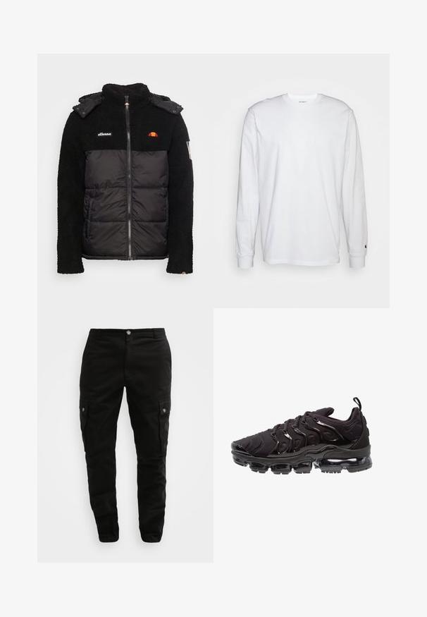 Sort jakke med en struktureret fleece-overdel og en glat, isoleret undersektion. Har lynlås, hætte og broderede logo-detaljer.; Hvid langærmet T-shirt lavet af bomuld. Rund halsudskæring med ribbede manchetter og et lille logo på venstre ærme. Glat tekstur.; Sorte cargo bukser lavet af slidstærkt stof, med sidelommer, knaplukning og et slim fit design. Glat tekstur med minimal detaljering.; Sorte atletiksko med et tekstureret stofoverdel, metalliske detaljer og en markant luftfyldt sål. Har distinkte bølge-lignende designelementer.