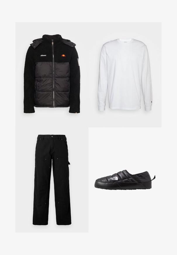 Sort jakke med en struktureret fleece-overdel og en glat, isoleret undersektion. Har lynlås, hætte og broderede logo-detaljer.; Hvid langærmet T-shirt lavet af bomuld. Rund halsudskæring med ribbede manchetter og et lille logo på venstre ærme. Glat tekstur.; Sorte cargo bukser lavet af slidstærkt stof med flere lommer, en afslappet pasform, synlige sømme og trykknapdetaljer.; Sort slip-on sko med et quiltet design, lavet af polstret materiale. Har en struktureret gummisål og et lille trækstrop bagpå.