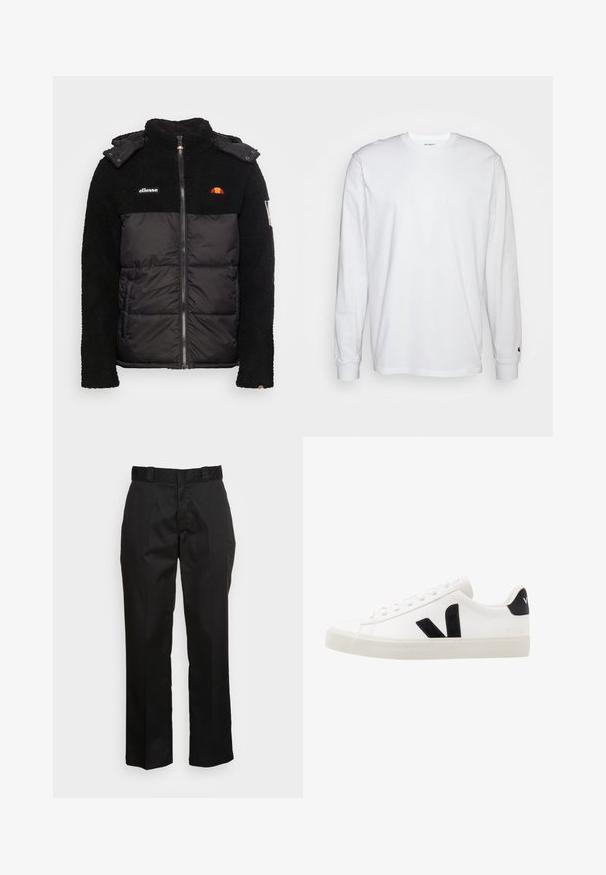 Must have tekstureeritud fleeces ülemine osa ning sile ja isoleeritud alumine osa. Varustatud lukuga, kapuutsiga ja brodeeritud logo aksessuaaridega.; Valge pika varrukaga T-särk, mis on valmistatud puuvillast. Ümmargune kaelus, ribaga mansetid ja väike logo vasakul varrukal. Sile tekstuur.; Mustad püksid, mis on valmistatud siledast kangast, sirge säärega disainiga, vöökummide ja kahe külje taskuga. Klassikaline välimus ilma kaunistusteta.; Valge nahast tennis, millel on mustast sametist detailid; omab kummist tallato, ümmargust nina ja klassikalist nööpidega kinnihoidmist. Külgmine logo musta värviga.