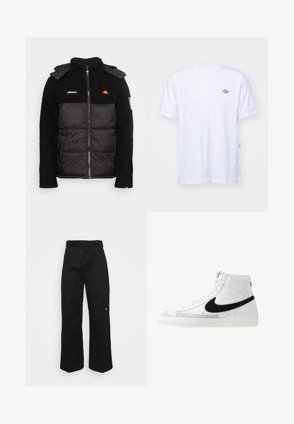 Must have tekstureeritud fleeces ülemine osa ning sile ja isoleeritud alumine osa. Varustatud lukuga, kapuutsiga ja brodeeritud logo aksessuaaridega.; Valge puuvillane T-särk, millel on V-kaelus ja lühikesed varrukad. Ees vasakul rinnal on väike värvikas tikand. Pehme tekstuur.; Mustad püksid tugevast kangast, sirge lõikega, vööaasade ja väikese logoga alumises servas.; Valged kõrgemad tenniseked musta logoga, tekstureeritud halli varbakattega ja lapikuga valge tallaga. Omab kuut silmust ja õmmeldud detaile.