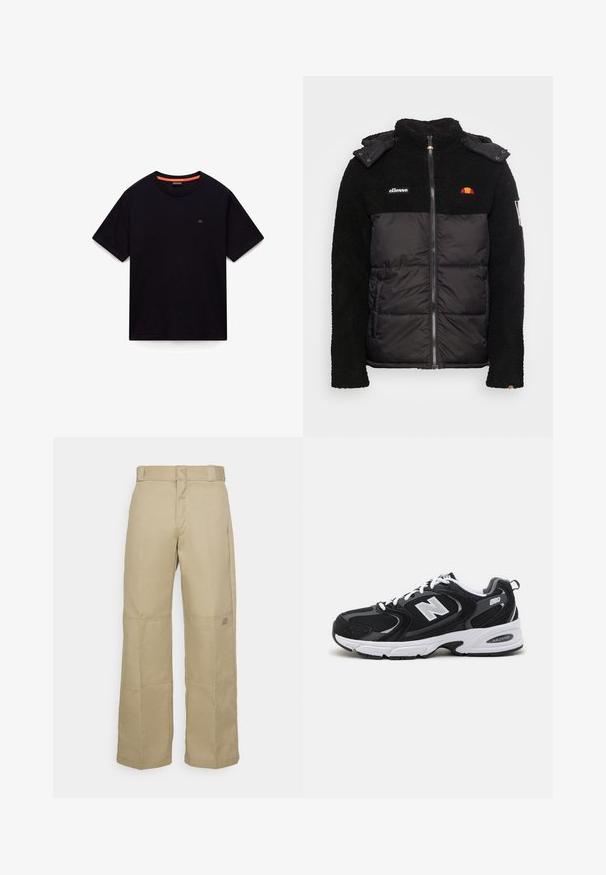 Sort jakke med en struktureret fleece-overdel og en glat, isoleret undersektion. Har lynlås, hætte og broderede logo-detaljer.; Sort kortærmet T-shirt med rund hals, lille logo på brystet og orange detalje i den indvendige krave, lagt fladt på en hvid baggrund.; Beige brede benbukser lavet af robust stof, med høj talje, synlig syning og et lille logo-patch på siden.; Sorte og grå sportssko med mesh og ruskind på overdelen, der har en hvid mellemsål, snørebånd og et iøjnefaldende "N" logo på siden.