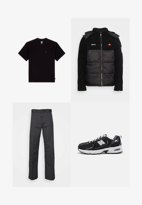 Chaqueta negra con una parte superior de forro polar texturizado y una sección inferior suave e insulating. Presenta una cremallera, capucha y acentos de logo bordado.; Camiseta de algodón negra con mangas cortas, cuello redondo, presenta una pequeña etiqueta de logo en el pecho y un diseño liso sin patrones ni acentos.; Pantalones negros de tela duradera, con un diseño de pierna recta, una cinturilla con trabillas para cinturón y costuras para mayor textura.; Zapatillas deportivas en negro y gris con parte superior de malla y ante, que cuentan con una entresuela blanca, cordones y un llamativo logo "N" en el lateral.
