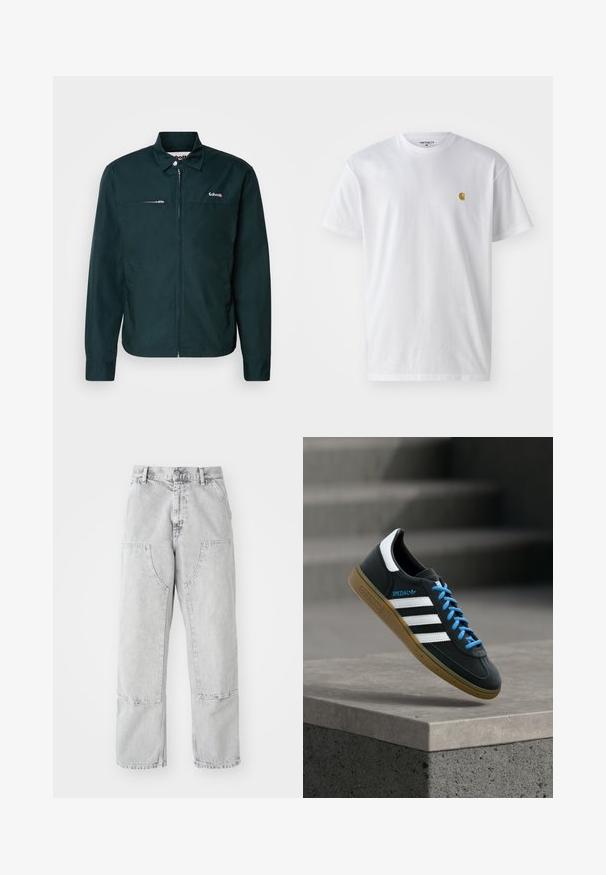 Veste vert foncé avec une fermeture éclaire, manches longues, col boutonné, poche poitrine avec fermeture éclair et logo brodé sur le côté gauche.; T-shirt en coton blanc à manches courtes, col rond, avec un petit logo doré sur la poitrine gauche. Texture douce et coupe régulière.; Pantalons en denim gris clair à coupe ample, avec de grandes poches latérales, des coutures visibles et un design à jambe droite. Passants de ceinture à la taille.; Baskets Adidas noires avec des rayures blanches, des lacets bleus et une semelle en gomme flottant au-dessus d'une marche en béton grise sous une lumière douce.