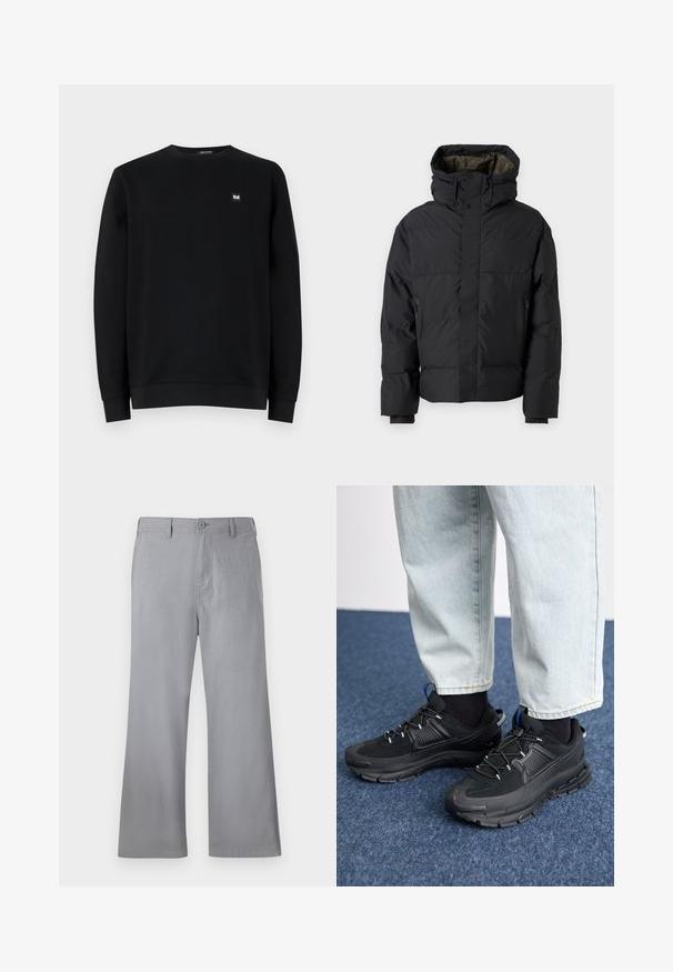 Sort oppustelig jakke med høj krave, dobbelte lynlåse, sidelommer og hætte. Har en glat ydre og foret indvendig.; Sort sweatshirt, rund hals, lange ærmer, lavet af blødt stof. Har en lille logo-patch på brystet. Rent design, ingen mønstre.; Grå brede bukser lavet af blødt stof, med knaplukning foran, bæltestropper og et enkelt design uden synlige mønstre eller accenter.; Sorte træningssko med tekstureret stof og gummisåler, udstyret med elastiske snørebånd og en blå detalje på hælen. Bæres med lyse denimbukser.