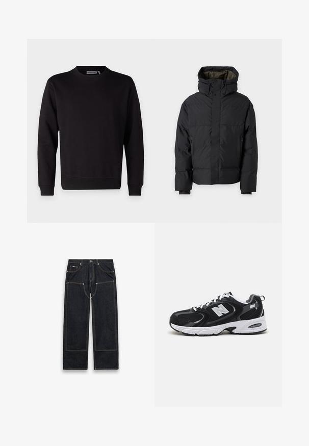 Doudoune noire avec un col haut, des doubles zips, des poches latérales et une capuche. Caractéristiques d'un extérieur lisse et d'un intérieur doublé.; Sweatshirt noir en mélange de coton lisse, avec un col rond, des manches longues et des poignets et un ourlet côtelés. Aucun motif ni accent visible.; Jean denim noir à jambes droites avec des renforts aux genoux, des coutures jaunes visibles, des poches avant et arrière, et une fermeture à bouton à la taille.; Baskets de sport noires et grises avec un tige en mesh et en suède, présentant une semelle intermédiaire blanche, des lacets et un logo "N" audacieux sur le côté.