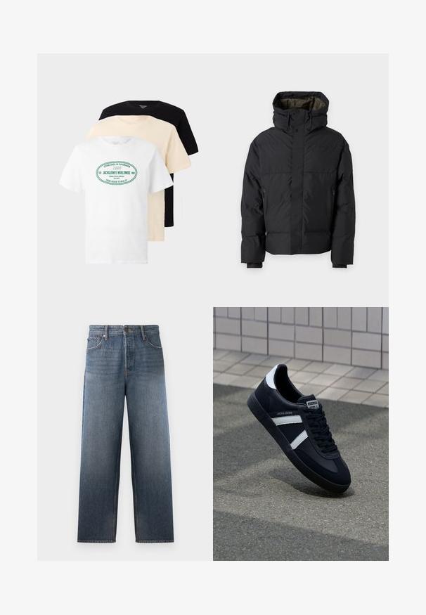 Sort oppustelig jakke med høj krave, dobbelte lynlåse, sidelommer og hætte. Har en glat ydre og foret indvendig.; Tre stablede T-shirts med rund hals i sort, beige og hvid, hvor den hvide T-shirt har grøn tekst "Jack & Jones Worldwide".; Denimjeans i middelblå med lige ben design, der har fem lommer, knap- og lynlåslukning samt subtile falmeeffekter.; Sort lædersneaker med hvide striber, tekstureret gummisål og snørrebånd foran. Har et brandet mærke på tungen.