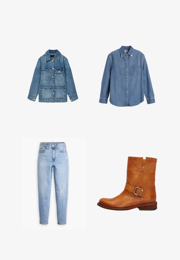 Blå denimjakke med krave, fire lommelapper og dekorative knapper formet som blomster ned foran og på manchetterne.; Lys blå denimskjorte med lange ærmer, spids krave, to brystlommer og kontraststing. Har et western-inspireret yoke-design.; Lysblå højtaljede jeans lavet af denim, med lige ben, subtil falming og et lille slidområde på højre lår.; Brun læder ankelstøvle med en flad træhæl, bred rem og spænde detalje, udskæring ved anklen og præget logo på siden.