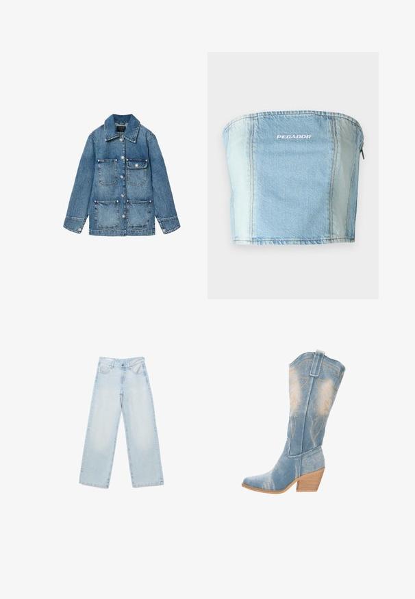 Blaue Jeansjacke mit Kragen, vier aufgesetzten Taschen und dekorativen blumenförmigen Knöpfen vorne und an den Manschetten.; Strapless-Top aus Denim in Hellblau mit sichtbaren Nähten, geradem Halsausschnitt und in Weiß aufgedrucktem "PEGADOR"-Logo. Reißverschlussdetail hinten.; Hellblaue Jeans mit weitem Bein, Knopf- und Reißverschluss, Taschen vorne und hinten sowie dezentem Verblassen an Oberschenkeln und Knien.; Denim-Cowboystiefel in Hellblau mit spitzem Zehenbereich, strukturiertem Obermaterial und dekorativen goldenen Nähten. Leicht gebogener Holzabsatz.