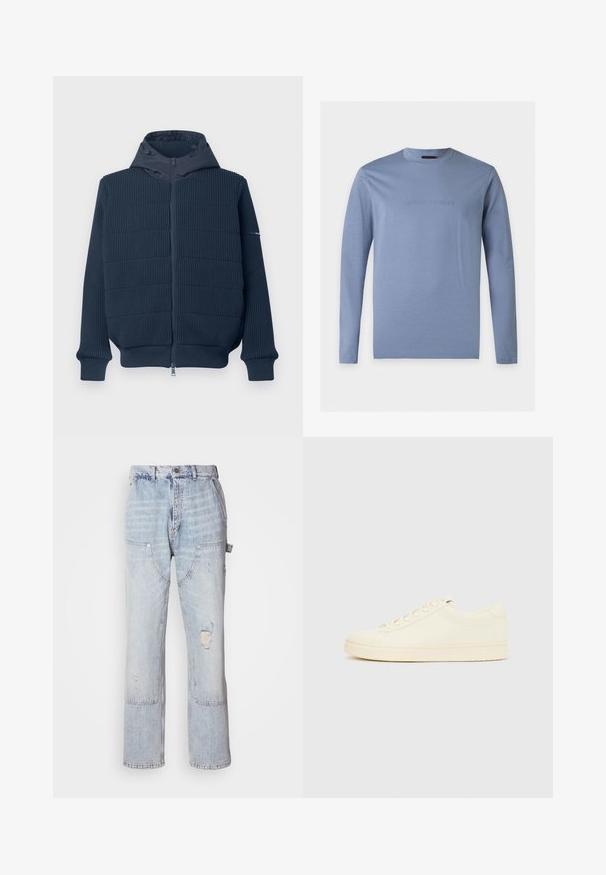 Navy zip-up hoodie med ribbet tekstur, en glat hætte og elastiske manchetter. Har en frontlynlås og et accent på den ene ærme.; Langærmet lyseblå T-shirt med rund hals og præget Emporio Armani-logo centreret på brystet mod en hvid baggrund.; Lyseblå denim carpenter jeans med flere lommer, en frontknap, lynlås og slidte detaljer på højre lår.; Sneaker i cremefarve med en glat læderoverdel, rundet tå, snørelukning foran og en tekstureret gummisål. Minimalistisk design uden logoer.