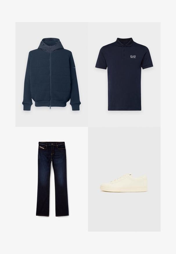 Námornícky zip-up mikina s ribovanou štruktúrou, hladnou kapucňou a elastickými manžetami. Obsahuje predný zips a akcent na jednom rukáve.; Námornícká modrá polo košeľa vyrobená z jemnej bavlny, s trojitou gombíkovou légou a logom EA7 na ľavej strane hrude. Krátke rukávy, klasický strih.; Tmavomodré denimové džínsy so strihom rovné nohavice, s oranžovým prešívaním, s pružným zipsovým uzáverom a prednými vreckami. Hladká textúra a štandardný pás.; Sneaker krémovej farby s hladkým koženým zvrškom, zaoblenou špičkou, šnurovačkou vpredu a textúrovanou gumovou podrážkou. Minimalistický dizajn, bez loga.