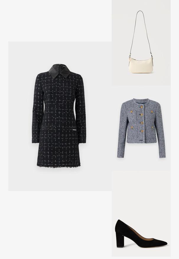 Naisten laivastonsininen ja valkoinen tweed-lyhytjakku pyöreällä pääntiellä ja kuudella suurella kullalla koristellulla napilla edessä.; Musta mekko, jossa on teksturoitu ruutukuosi, nahkakaulus ja kaksi etutaskua, tyylitelty moderniin ilmeeseen.; Naisten musta mokkanahkainen juhlakenkä matalalla lohkokorolla, kärjestään terävä ja beigen värisellä vuorauksella valkoisella taustalla.; Pieni kerma nahkainen olkalaukku, ohut musta hihna, kultainen vetoketju ja pieni kultainen BOSS-logo edessä.