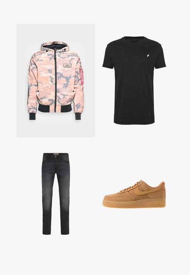 Tarnjacke in Rosa- und Grautönen, mit einem Reißverschluss vorne, Kapuze sowie elastischen Bündchen und Saum. Enthält ein Logopatch und ein rotes Akzentetikett.; Schwarzes T-Shirt mit kurzen Ärmeln aus Baumwolle, mit Rundhalsausschnitt und einem kleinen weißen Vogel-Logo auf der linken Brustseite.; Dunkelblaue Jeans mit Slim-Fit-Schnitt, Knopfverschluss, fünf Taschen und einem leichten Ausbleichungseffekt an den Oberschenkeln.; Nike Sportswear AIR FORCE 1 07 - Sneaker low - flax/wheat/light brown/black/team gold