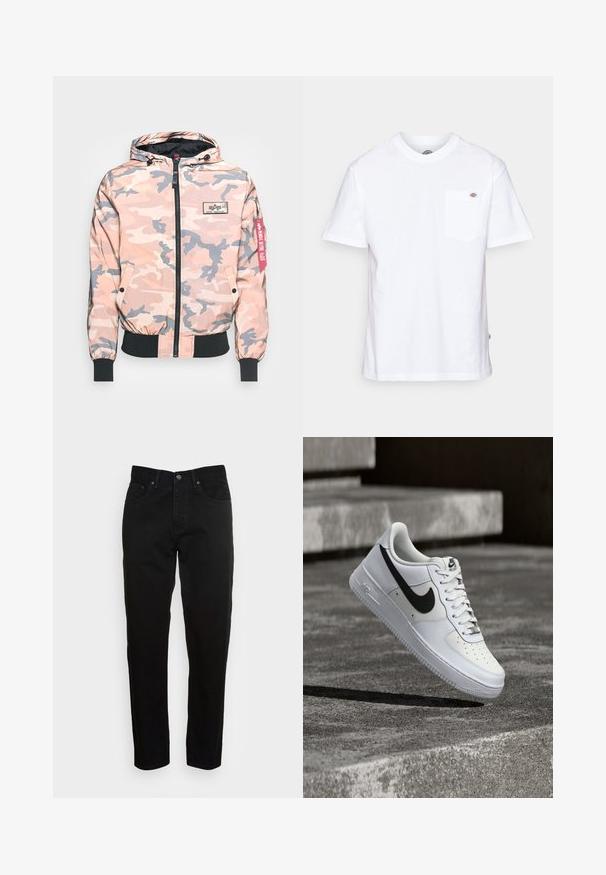 Camouflage jas in roze en grijstinten, met een rits aan de voorkant, capuchon en elastische manchetten en zoom. Inclusief een logo-applicatie en een rode accentlabel.; Witte katoenen t-shirt met een ronde hals, korte mouwen en een borstzak met een klein merklogo aan de linkerkant.; Zwarte slim-fit jeans met een knoopsluiting aan de voorkant en een vijf-pocket ontwerp, weergegeven tegen een effen lichtgrijze achtergrond.; Witte Nike Air Force 1 sneaker met zwarte swoosh, veters gestrikt, zwevend in de lucht boven een gestructureerd betonnen oppervlak buiten.