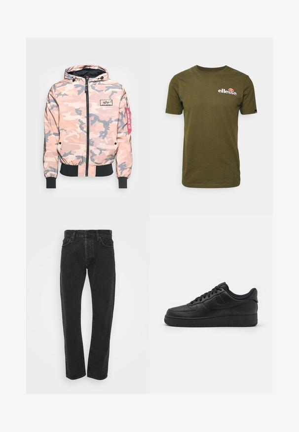 Kamuflagejakke i pink og grå nuancer, med lynlås foran, hætte og elastiske manchetter og kant. Inkluderer et logo-patch og et rødt accentmærke.; Oliven grøn bomulds t-shirt med korte ærmer, rund halsudskæring og "ellesse" logo broderet i hvidt og rødt på venstre brystområde.; Herre sorte lige ben denim jeans med frontknap og lynlås, fem lommer og bæltestropper på en ensfarvet hvid baggrund.; Nike Sportswear AIR FORCE 1 07 FLYEASE - Sneakers - black