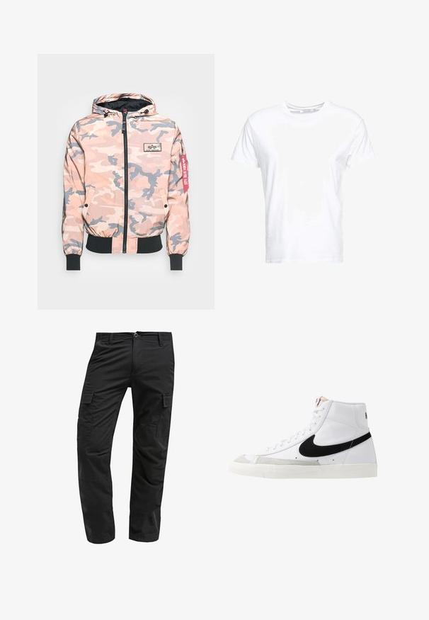 Chaqueta de camuflaje en tonos rosa y gris, con cremallera frontal, capucha y puños y dobladillo elásticos. Incluye un parche con el logotipo y una etiqueta de acento roja.; Camiseta de algodón blanca con cuello redondo y mangas cortas, con un corte clásico y una textura suave. Sin patrones ni elementos metálicos visibles.; Pantalones cargo negros con corte recto, fabricados en tejido duradero, con múltiples bolsillos laterales y un cierre de botón en la cintura.; Zapatillas altas blancas con un swoosh negro, una puntera texturizada en gris y suela plana blanca. Presenta seis ojales y acentos cosidos.
