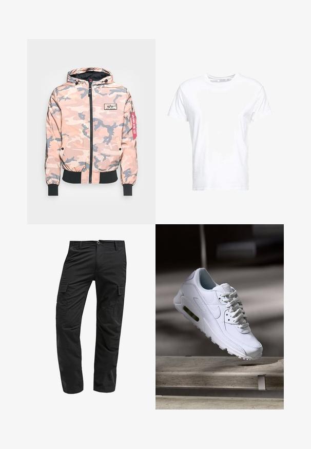 Camouflage jas in roze en grijstinten, met een rits aan de voorkant, capuchon en elastische manchetten en zoom. Inclusief een logo-applicatie en een rode accentlabel.; Witte katoenen t-shirt met een ronde hals en korte mouwen, in een klassiek model met een gladde textuur. Geen patronen of hardware zichtbaar.; Zwarte cargobroek met een rechte snit, gemaakt van duurzaam materiaal, met meerdere zijzakken en een knoopsluiting bij de taille.; Witte leren sneaker met gestructureerde oppervlakken, gevoerde kraag en zichtbare luchtbescherming in de zool. Heeft veters en een minimalistisch ontwerp.