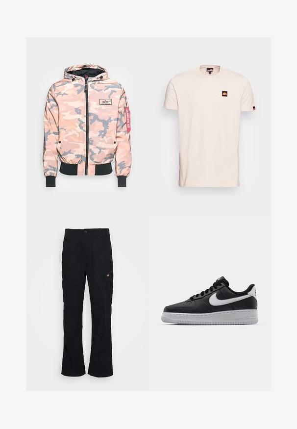 Tarnjacke in Rosa- und Grautönen, mit einem Reißverschluss vorne, Kapuze sowie elastischen Bündchen und Saum. Enthält ein Logopatch und ein rotes Akzentetikett.; Beige T-Shirt mit kurzen Ärmeln aus Baumwolle, ausgestattet mit einem kleinen schwarzen und roten Logopatch auf der linken Brust sowie Logoakzenten an den Ärmeln.; Schwarze Cargo-Hose mit geradem Bein, aus strapazierfähigem Stoff gefertigt, mit Seitentaschen und einem aufgenähten Logo auf der linken Seite.; Schwarze Ledersneaker mit strukturierten Oberflächen, weißem Nike-Swoosh, grauer Sohle, runder Zehenpartie und Schnürdesign. Verfügt über Perforationen an der Zehenbox.