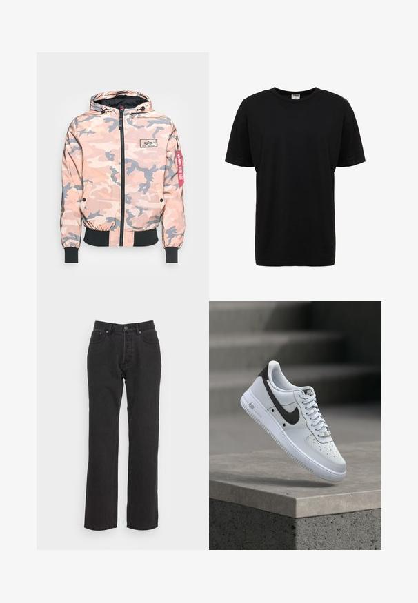 Camouflage jas in roze en grijstinten, met een rits aan de voorkant, capuchon en elastische manchetten en zoom. Inclusief een logo-applicatie en een rode accentlabel.; Zwart katoenen T-shirt met ronde hals, korte mouwen, standaard pasvorm, soepele textuur en geen zichtbare patronen of accenten.; Zwarte denim jeans met een rechtzijdig ontwerp, voorzien van een voorste knoopsluiting, riemlussen en twee zijzakken. Gestructureerde stof.; Witte Nike Air Force 1 sneaker met zwart swoosh-logo, zwevend boven een betonnen richel met vervaagde trappen op de achtergrond.