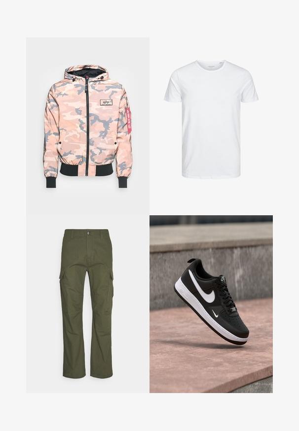 Camouflage jas in roze en grijstinten, met een rits aan de voorkant, capuchon en elastische manchetten en zoom. Inclusief een logo-applicatie en een rode accentlabel.; Ronde hals kortemouwen t-shirt in effen wit, gemaakt van zachte katoen, heeft een eenvoudig ontwerp zonder zichtbare patronen of accenten.; Cargo-broek in donkergroen olijf, met meerdere zijzakken, een rechte pasvorm en een duurzame stof met een gestructureerde afwerking.; Zwart-witte Nike Air Force 1 sneaker zwevend boven een roze betonnen oppervlak met een achtergrond van grijze stenen.