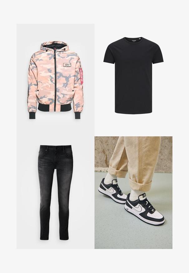 Camouflage jas in roze en grijstinten, met een rits aan de voorkant, capuchon en elastische manchetten en zoom. Inclusief een logo-applicatie en een rode accentlabel.; Zwarte katoenen T-shirt met een ronde hals, korte mouwen en een eenvoudig ontwerp. Soepele textuur, geen patronen of zichtbare hardware.; Zwarte denim jeans met een slim fit, vijf zakken ontwerp, subtiele vervaging en contrasterende stiksels. Voorzien van een klassieke metalen knoop- en ritssluiting.; Zwart-witte Nike Air Force 1 sneakers met een leren bovenwerk, geperforeerde neus en gestructureerde zooldetails, gedragen met opgerolde beige broek en witte sokken.