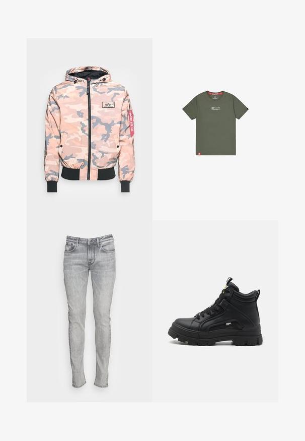 Veste de camouflage dans des tons roses et gris, dotée d'un zip sur le devant, d'une capuche et de poignets et d'un ourlet élastiques. Inclut un patch logo et une étiquette d'accent rouge.; T-shirt manches courtes vert olive avec col rond et petit logo blanc « Alpha Industries » centré sur la poitrine et étiquette rouge à l'ourlet.; Jean en denim gris ajusté avec cinq poches, une braguette à boutons et des coutures contrastées. Le tissu a un aspect légèrement délavé et texturé.; Baskets montantes noires en cuir texturé, dotées d'une semelle en caoutchouc épaisse, d'un laçage à l'avant et d'un petit logo sur le côté.