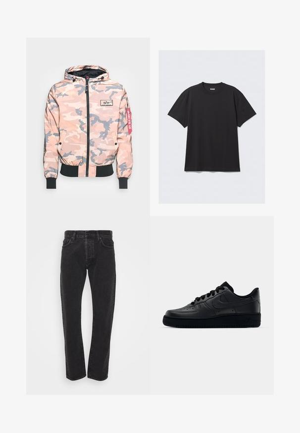 Veste de camouflage dans des tons roses et gris, dotée d'un zip sur le devant, d'une capuche et de poignets et d'un ourlet élastiques. Inclut un patch logo et une étiquette d'accent rouge.; T-shirt noir à manches courtes en coton. Il présente un col rond et une coupe décontractée. Design simple sans motifs ni accents visibles.; Jean en denim noir pour homme, coupe droite avec bouton et fermeture éclair à l'avant, cinq poches et passants de ceinture sur fond blanc.; Baskets Nike Air Force 1 noires avec un dessus en cuir lisse, bout perforé pour la respirabilité, lacets noirs et semelle en caoutchouc texturé.