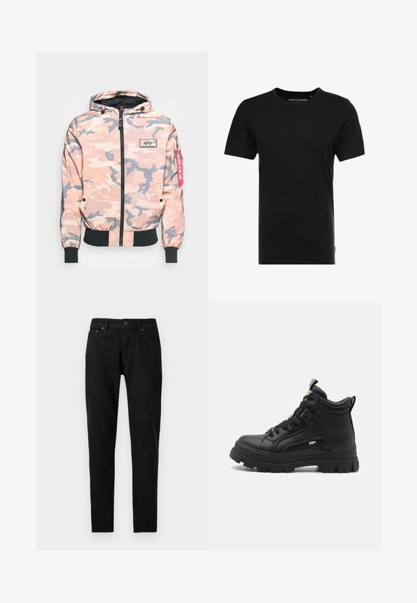 Kamuflagejakke i pink og grå nuancer, med lynlås foran, hætte og elastiske manchetter og kant. Inkluderer et logo-patch og et rødt accentmærke.; Sort t-shirt med korte ærmer lavet af bomuld, med rund hals og en diskret logoetiket på siden. Simpelt og alsidigt design.; Sorte slim-fit jeans med frontknap og lynlås lukning, bæltestropper og to forlommer synlige på en hvid baggrund.; Sorte sneakers støvler lavet af tekstureret læder, med en tyk gummisål, snørebånd foran og en lille logo detalje på siden.