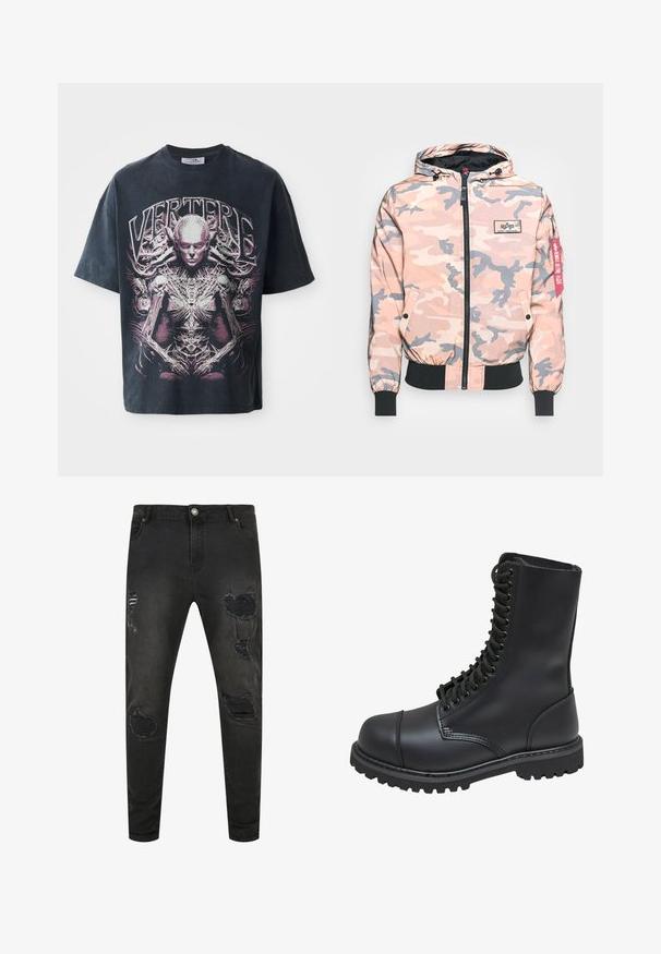 Chaqueta de camuflaje en tonos rosa y gris, con cremallera frontal, capucha y puños y dobladillo elásticos. Incluye un parche con el logotipo y una etiqueta de acento roja.; Camiseta gráfica negra de algodón, con un gran diseño en rosa y blanco de una figura humanoide con detalles intrincados y el texto "VERTERE."; Jeans de mezclilla negra con un ajuste slim, que presentan detalles desgastados, desgarros y áreas desvaídas. Diseño estándar de cinco bolsillos con cierre de botón metálico.; Bota de combate de cuero negro con caña alta, parte frontal con cordones, cuello acolchado y suela texturizada resistente para un buen agarre. Presenta una puntera reforzada.