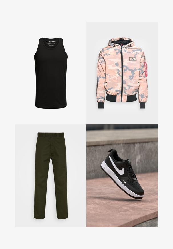 Veste de camouflage dans des tons roses et gris, dotée d'un zip sur le devant, d'une capuche et de poignets et d'un ourlet élastiques. Inclut un patch logo et une étiquette d'accent rouge.; Débardeur noir en mélange de coton, avec un col rond classique et un design sans manches. Texture unie sans motifs ni accents.; Pantalons vert foncé avec jambes droites, en tissu lisse. Présente un devant plat, des passants de ceinture et aucun motif ou matériel visible.; Baskets Nike Air Force 1 noir et blanc suspendues au-dessus d'une surface en béton rose avec un fond en pierre grise.