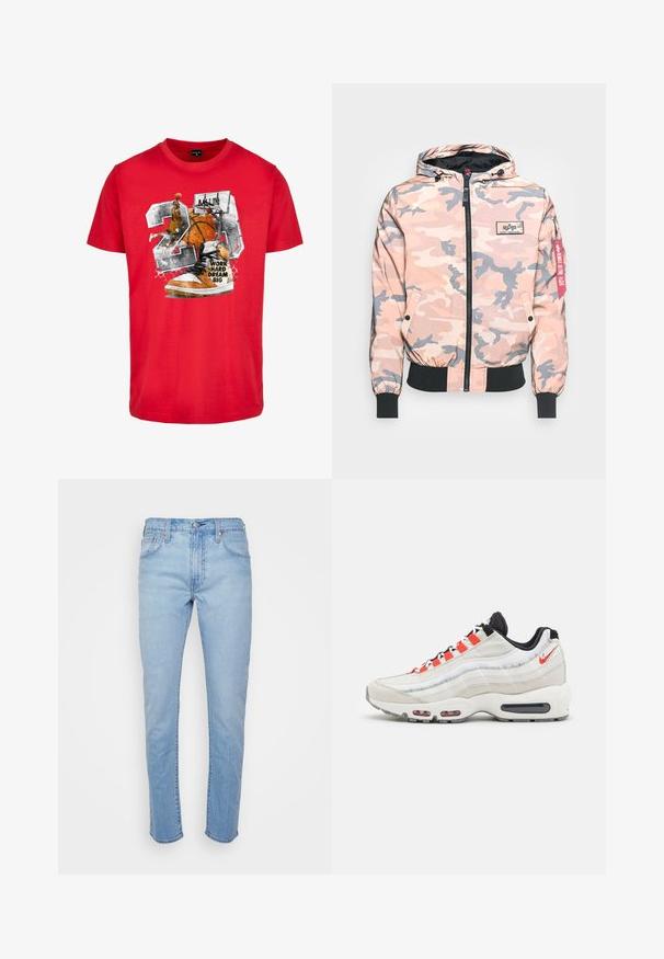 Chaqueta de camuflaje en tonos rosa y gris, con cremallera frontal, capucha y puños y dobladillo elásticos. Incluye un parche con el logotipo y una etiqueta de acento roja.; Camiseta de algodón roja con un gráfico que presenta un balón de baloncesto, una zapatilla y el texto "TRABAJA DURO SUEÑA EN GRANDE". El diseño incluye acentos en negro y naranja.; Vaqueros de mezclilla de color azul claro, con corte recto, cinco bolsillos y cierre de botón metálico. Presentan un ligero desgaste y detalles de costura sutiles.; Nike Sportswear AIR MAX 95 XCAT NN - Zapatillas - light bone/habanero red/black/ghost green/phantom/sail
