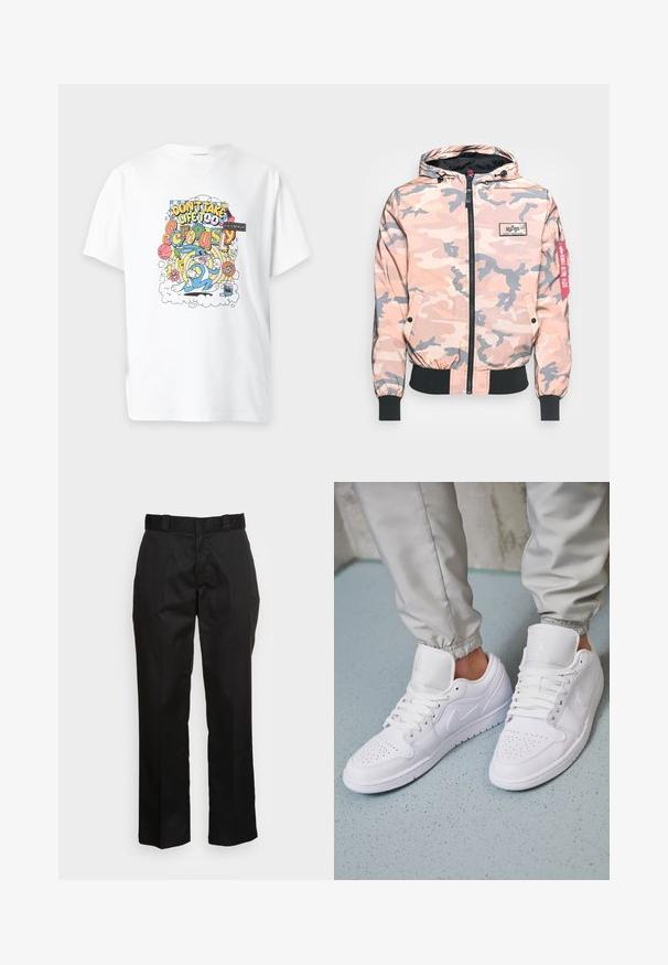 Veste de camouflage dans des tons roses et gris, dotée d'un zip sur le devant, d'une capuche et de poignets et d'un ourlet élastiques. Inclut un patch logo et une étiquette d'accent rouge.; T-shirt blanc avec un design cartoon coloré montrant Bugs Bunny et le texte « Don’t take life too seriously » entouré d’objets ludiques.; Pantalons noirs en tissu lisse, avec une coupe droite, des passants de ceinture et deux poches latérales. Look classique sans embellissements.; Des baskets en cuir blanc présentent une zone de perforation à l'avant, des lacets plats, un col rembourré et le logo Jordan sur la languette. Portées avec un pantalon de jogging gris.