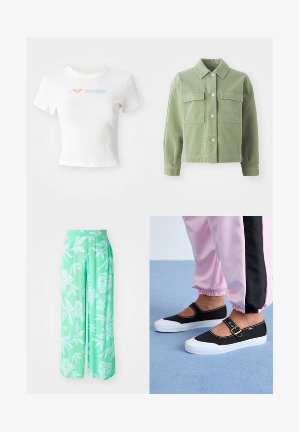 Grüne Jeansjacke mit Kragen, zwei Brusttaschen, silbernen Knöpfen und einem gestickten Detail auf der linken Tasche.; Weißes, kurz geschnittenes T-Shirt aus Baumwolle, mit einem orangefarbenen Herzsymbol und dem Schriftzug "SURF" in hellblauer Schrift auf der Vorderseite. Kurzärmlig, rundhals.; Helle grüne weite Hose mit einem weißen Blumenmuster. Hergestellt aus strukturiertem Stoff, mit einem elastischen Taillenbund und lockerer Passform.; Schwarze Leinenschuhe mit einer weißen Sohle, die ein Ausschnittdesign und einen goldenen Schnallenriegel aufweisen. Getragen mit rosa Sporthosen.