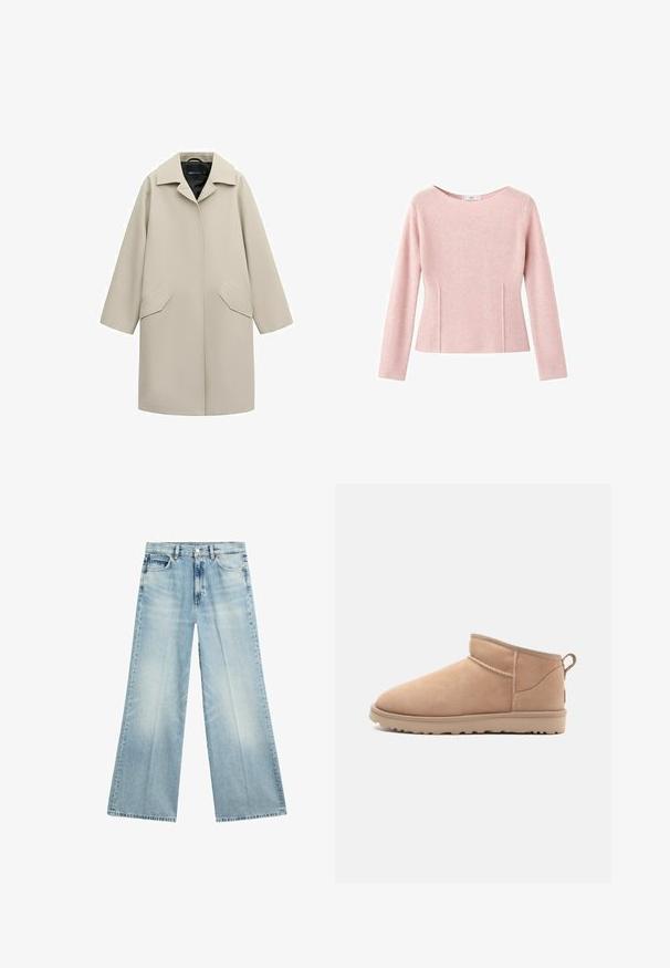 Manteau long en laine beige avec large col, fermeture avant dissimulée et poches à rabat inclinées, présenté sur fond blanc.; Pull en tricot rose clair avec manches longues, encolure dégagée et coutures à la taille. Texture douce, coupe ajustée, sans ornements visibles.; Jean en denim bleu clair à jambes larges avec poches avant et passants de ceinture, posé à plat sur fond blanc.; Botte de cheville en daim beige avec un bout arrondi, une texture douce, un design simple et une semelle en caoutchouc à profil bas. Dispose d'une languette à l'arrière.