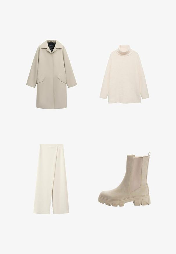 Beige lange wollen jas met brede kraag, verborgen sluiting aan de voorkant en schuin geplaatste klepzakken, afgebeeld op een witte achtergrond.; Crèmekleurige coltrui gemaakt van zachte, gestructureerde stof. Heeft lange mouwen en een losse, relaxte pasvorm. Eenvoudig ontwerp zonder patronen.; Crèmekleurige broek met wijde pijpen, een hoge taille en een overlappend voorpaneel.; Beige Chelsea boots met een glad leren bovenwerk en elastische zijpanelen. Dikke, robuuste rubberen zool met een kenmerkend profiel en een aantrekstrip.