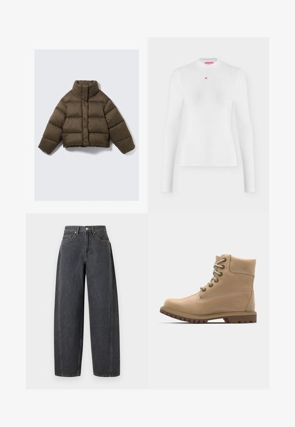 Bruine pufferjack met hoge kraag, cropped ontwerp, gewatteerde textuur en verborgen frontsluiting. Heeft verlaagde schouders.; Wit geribd shirt met lange mouwen, hoge hals en klein rood Diesel-logo gecentreerd onder de halslijn.; Zwarte denim jeans met een hoge taille, wijde pijpen, voorzakken, riemlussen en een metalen knoopsluiting op een effen achtergrond.; Beige leren enkelboot met een ronde neus, beige veters en een robuuste zool. Beschikt over zijstiksels en een rond logo op de hak.