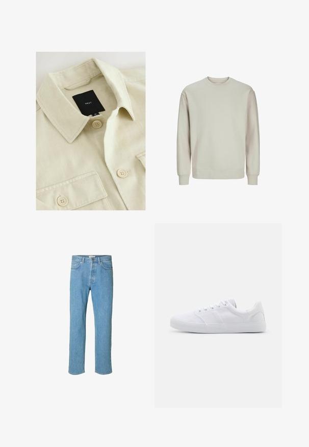 Beige overhemd met knopen, een puntige kraag, borstzak en een zwart merklabje met de tekst "NEXT" aan de binnenkant van de hals.; Lichtgrijze sweatshirt van zachte stof, met een ronde hals, lange mouwen en ribgebreide boorden en zoom voor een comfortabele pasvorm.; Lichtblauwe denim jeans met een recht gesneden ontwerp. Kenmerken zijn een knoopsluiting, vijf zakken en gestikte details langs de naden.; Witte canvas sneakers met een rubberen zool, voorzien van zes oogjes, een gestructureerde neuskap en een minimalistisch ontwerp.