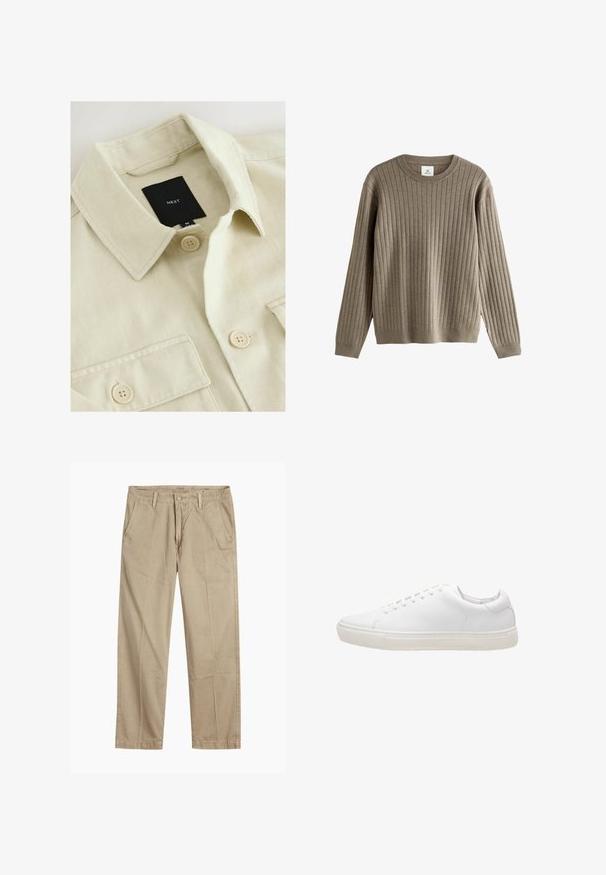Beige overhemd met knopen, een puntige kraag, borstzak en een zwart merklabje met de tekst "NEXT" aan de binnenkant van de hals.; Lange mouw taupe geribbelde trui met ronde hals en aansluitende cuffs, gemaakt van zachte gebreide stof.; Beige rechte pijpen chinos met riemlussen, voorkant met knoop en rits sluiting, en schuine voorzakken.; Witte leren sneaker met een gladde textuur, ronde neus, vetersluiting en een platte rubberen zool. Minimalistisch ontwerp zonder zichtbare patronen.