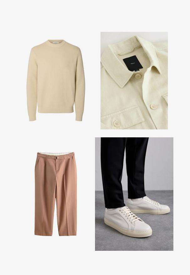 Beige overhemd met knopen, een puntige kraag, borstzak en een zwart merklabje met de tekst "NEXT" aan de binnenkant van de hals.; Effen beige ronde hals gebreide trui met lange mouwen en geribde boorden en zoom.; Beige broek met hoge taille, zijzakken, voorplooien, riemlussen en een bijpassende stoffen riem met een zilveren ringgesp.; Lichtbeige leren sneakers met platte veters, een gestructureerd oppervlak en een contrasterende crème-kleurige rubberen zool, gecombineerd met zwarte taps toelopende broek.