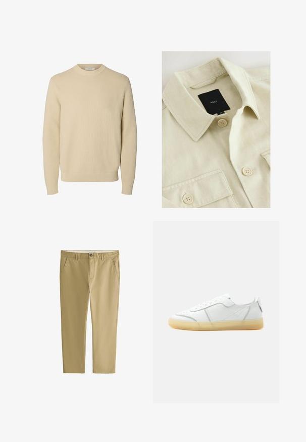 Beige skjorte med knapper, spids krave, brystlomme og sort mærkelabel med teksten "NEXT" inde i halsudskæringen.; Enkel beige crewneck striktrøje med lange ærmer og ribstrikkede manchetter og kant.; Herre beige bukser med lige ben, bæltestropper, knaplukning og sidelommer, vist fladt på en hvid baggrund.; Hvid lavtop læder sneaker med beige gennemsigtig sål, snørelukning foran og minimal syning, vist fra siden mod en ensfarvet baggrund.