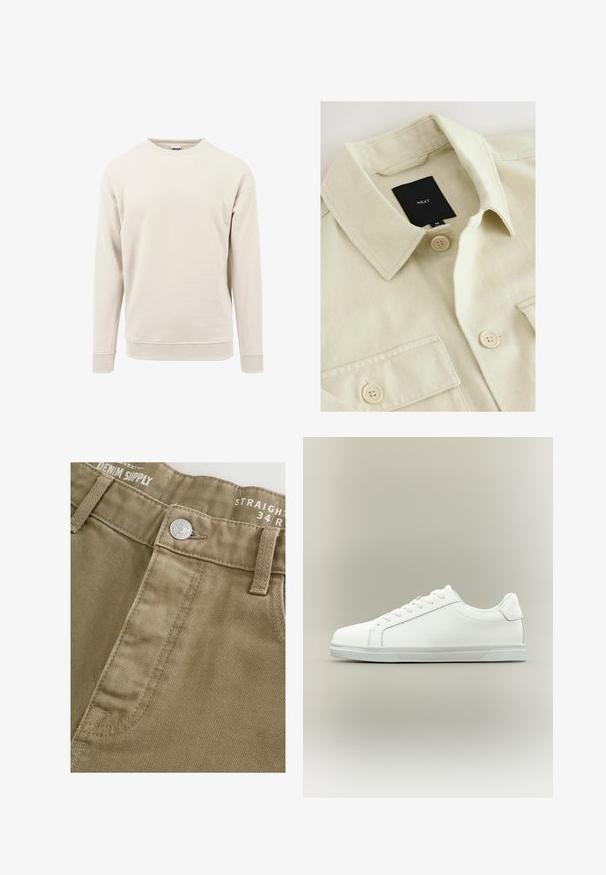 Beige Hemd zum Zumachen mit spitzem Kragen, Brusttasche und schwarzem Markenlabel mit der Aufschrift "NEXT" im Nackenbereich.; Helles beiges Sweatshirt aus weichem Stoff, mit rundem Hals, langen Ärmeln und gerippten Bündchen an den Ärmeln und am Saum.; Beige schmal geschnittene Hose mit strukturierter Oberfläche, ausgestattet mit einem Frontknopfverschluss und genähten Details am Bund.; Weißer Sneaker mit niedrigem Schaft, Schnürung vorne und strukturierter Gummisohle vor einfachem neutralem Hintergrund.